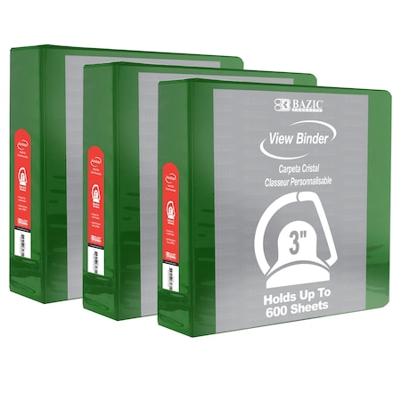 Bazic Products Slant D-Ring View Binder with 2 Pockets, 3in, Green, PK3 4162